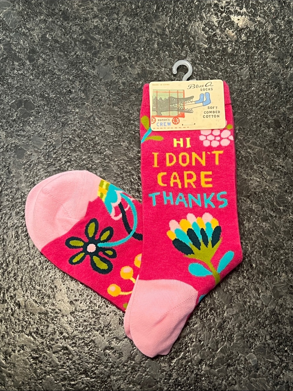 Blue Q Bright Pink Floral Kids' Crew Socks - 'Hi I Don't Care Thanks'